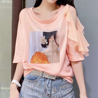 Mùa hè Phong Cách Mới Thời Trang Nữ Cổ Tròn Rời Thường Ngày Ngoài Vai Phong Cách Phương Tây Ngắn @ -