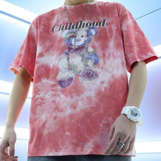 Hoạt Hình Mùa Hè Gấu Thắt Lưng-Dye Xanh Áo Thun Tay Ngắn Nam Quốc Gia Hợp Thời Trang ins Dạo Phố Cặp Đôi Bo