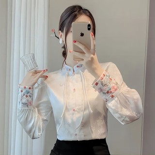 Mới phong cách trung quốc nút lên áo sơ mi nữ phong cách trung hoa jacquard retro cổ đứng thêu áo sơ mi tay dài