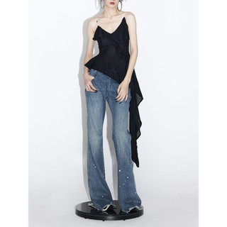 Shanmieleng Xuân Hè Hot Girl Slim-fit Slimmer Nhìn Không Đều Xù Váy Ngắn Thiết Kế Niche Đen Sling Đầm Nữ