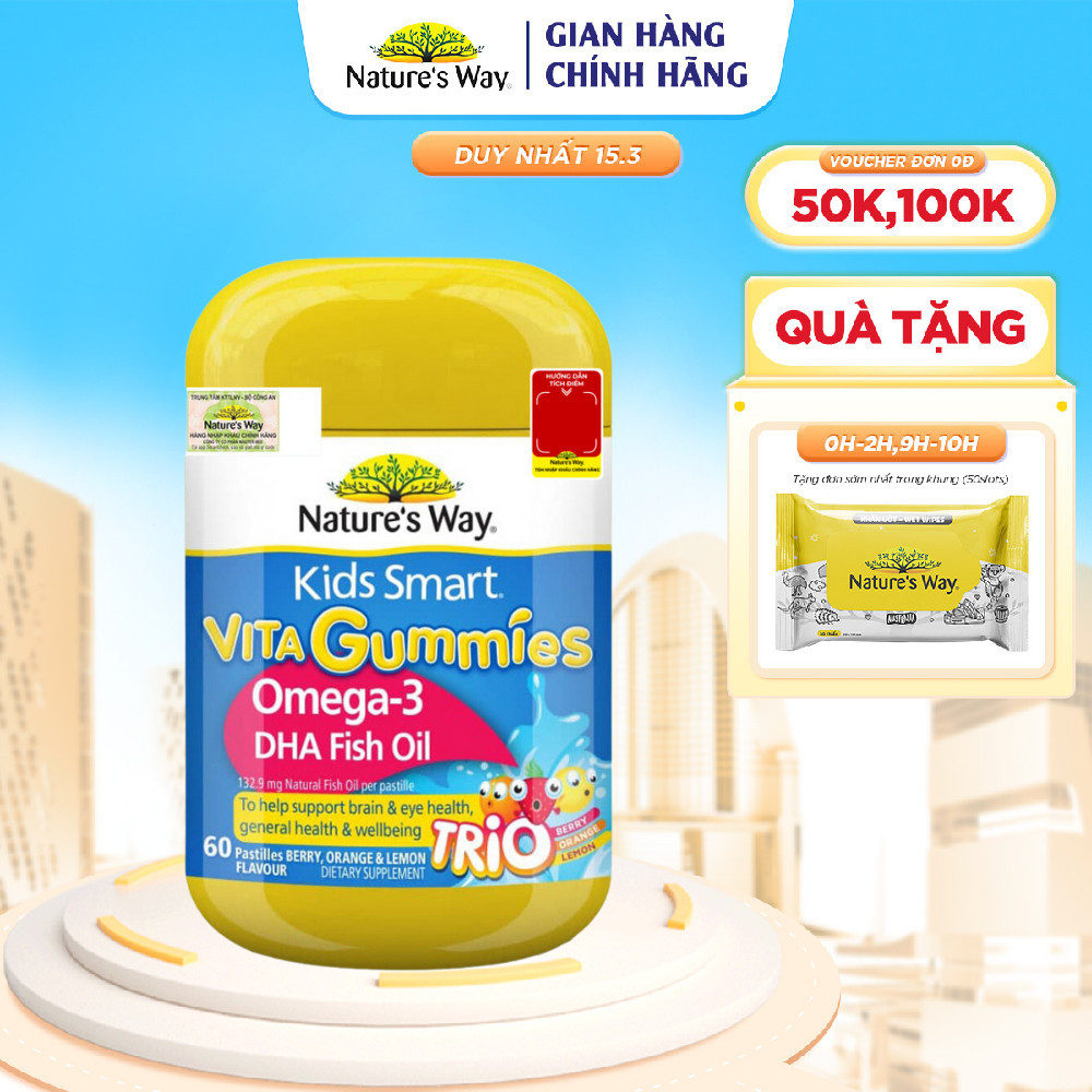 Kẹo Dẻo Cho Bé Nature's Way Kids Smart Vita Gummies Omega-3 DHA Fish Oil Tăng Cường Trí Thông Minh Cho Bé Hộp 60v