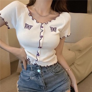 Gợi Cảm Slim-Fit Ngắn Tay Tai Gỗ Mùa Hè Áo Thun Mới Thiết Kế Nữ Màu Sắc Phù Hợp Với Băng Lụa Phong Cách Ngắn Hàng Đầu Quần Áo Thời Trang Hàn Quốc