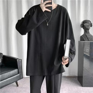 Áo Dài Tay Cổ Tròn Màu Trơn Hàn Quốc Nam Unisex Màu Đen Trắng Top Hợp Thời Trang