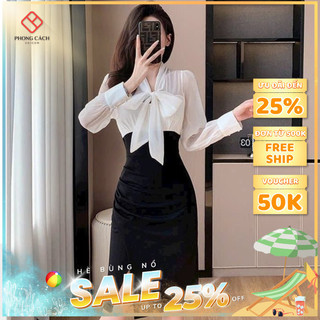 Đầm body phối màu tay dài cột nơ thanh lịch SD1512 -  Phong Cách SAIGON