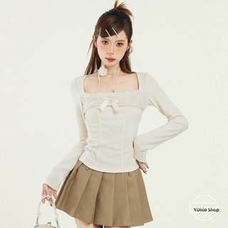 Áo thun dài tay cổ vuông nhung mùa xuân dành cho nữ