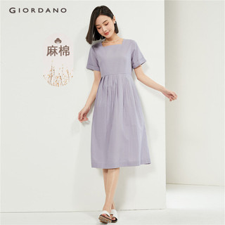 GIORDANO WOMEN Linen cotton square neck short sleeve pleated dress 05464322