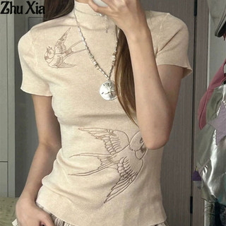 Áo thun nữ tay ngắn, áo len én nguyên tố phong cách Trung Quốc mới, áo ngắn tay thiết kế phong cách dân tộc cổ điển