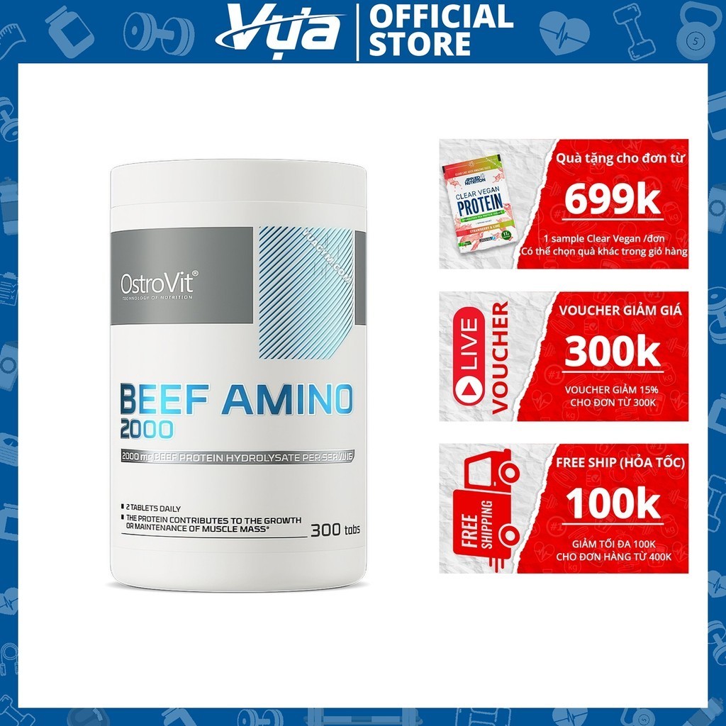 Viên uống OstroVit - Beef Amino 2000mg (300 viên) - Bổ sung Amino cho cơ bắp, Chính Hãng