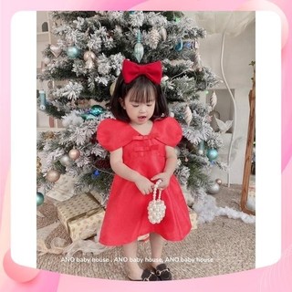Váy đầm đỏ tafta tay bồng kèm bờm cho bé gái