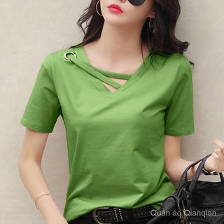 M-3XL Áo phông trắng nữ ngắn tay 2024 áo đen nữ cổ chữ V rộng rãi phong cách Hàn Quốc thường ngày instagram
