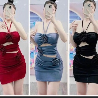 Đầm body rút dây cài bông vải gân contton có đính mút