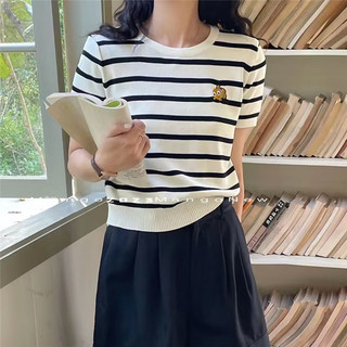 Áo thun ngắn tay cổ vuông sọc cổ vuông mỏng kiểu Pháp C & M dành cho nữ
