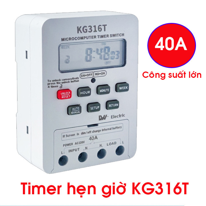 Công tắc hẹn giờ Kg316T 40A 220v LW 16 chương trình bật tắt thiết bị điện có khóa phím, ổ cắm hẹn giờ công suất lớn