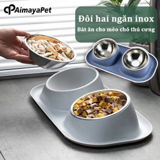  【Aimayapet Bát ăn cho mèo chó thú cưng Đôi hai ngăn inox Bát ăn cho mèo đôi bát ăn cho chó Rời nghiêng chống gù 