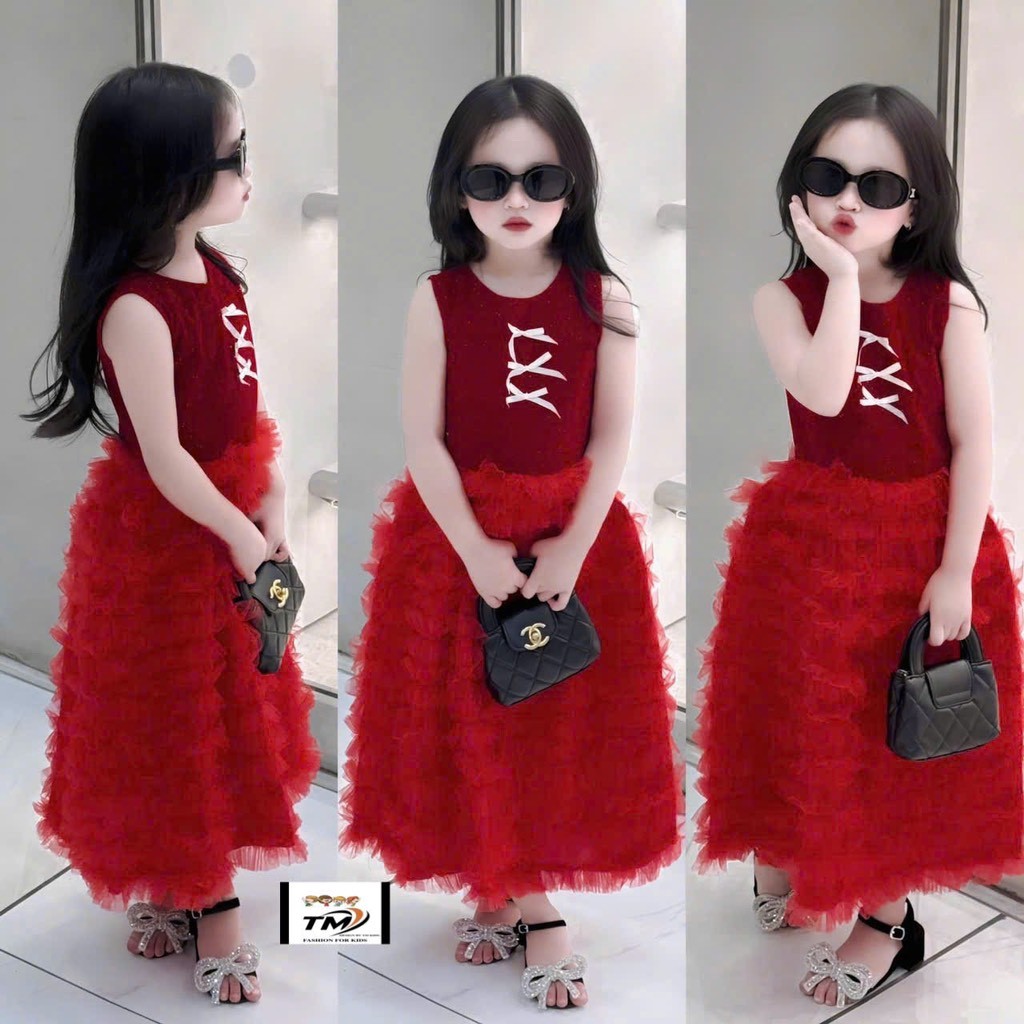 Váy bé gái 10-40kg Váy đỏ cotton nơ trắng phối voan tầng dài TM