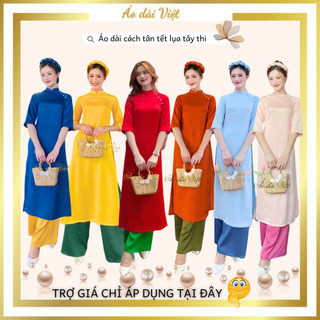 Áo dài cách tân nữ tết dáng suông trơn đính ngọc tiểu thư lụa tây thi cao cấp