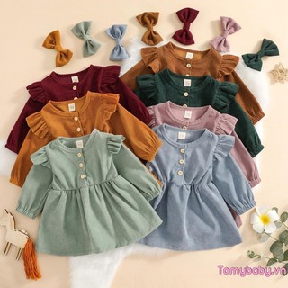 Đầm cotton dài tay cổ tròn + băng buộc đầu thắt nơ màu sắ