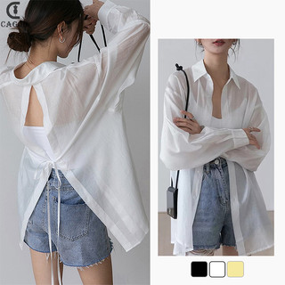 Áo sơ mi voan tay phồng áo sơ mi nữ xẻ sau khoác ngoài mặc đi biển, du lịch form rộng dài tay mỏng nhẹ
