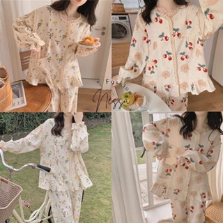 Bộ Đồ Ngủ Quần Áo Nữ Mặc Ở Nhà Dài Tay Vải Cotton  Áo Có Túi Mùa Xuân Hè Thu Đông Đi Chơi Hình Bông Hoa BĐN134