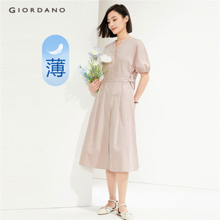 Đầm sơ mi GIORDANO 05464312 thắt lưng cổ chữ V 100% cotton thời trang dành cho nữ