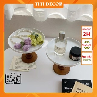 Cake stand sứ trắng chân gỗ titi decor, đế đựng bánh, đạo cụ chụp ảnh đồ ăn