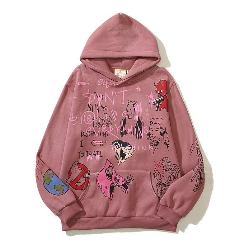 Kanye Kanye Kanye cùng phong cách ngoại vi hip-hop vẽ tay graffiti bùn nhuộm in áo hoodie màu đỏ rỉ sét dành cho nam và nữ, áo hoodie cặp đôi