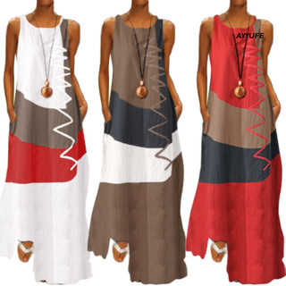 Ayyufe Nữ Vintage Cổ Tròn Không Tay Màu Khối Sóng Dây Túi Dài Rời Đầm