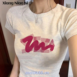 Xiang NIAN NI Áo thun ngắn tay cotton nguyên chất trắng xám cổ điển Mỹ dành cho nữ, dáng ôm vừa vặn, vai phải, eo cô gái nóng bỏng, áo học sinh thuần khiết khao khát