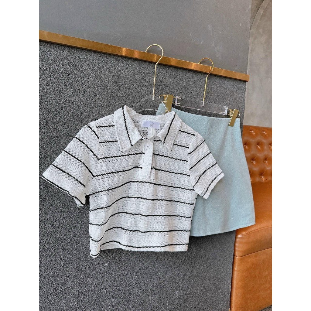 SET ÁO CROPTOP LEN DỆT CỔ BẺ KẺ SỌC + CHÂN VÁY XANH