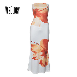 VesGlory Đầm Maxi nữ thời trang mới in hoa ống top off vai ôm chữ A