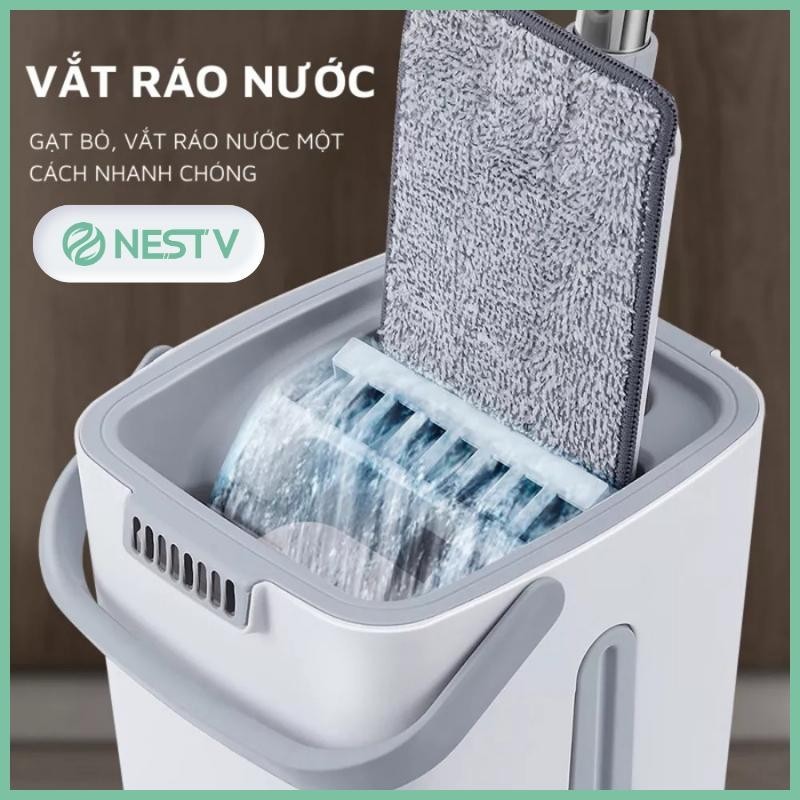 Bộ cây lau nhà tự vắt hình chữ nhật xoay 360 độ kèm thùng tự vắt cao cấp