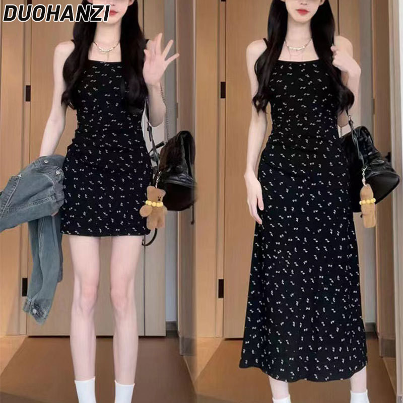 Váy treo nữ DUOHANZI, váy treo hoa màu đen, váy treo eo dài vừa phải