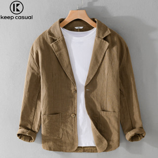 『 Keep Casual 』 Men 's Ramie Casual Suit Nam Xuân Mới Cotton Và Vải Lanh Retro Phù Hợp Với Áo Khoác Mỏng Nhiều Màu Đơn Giản Nam
