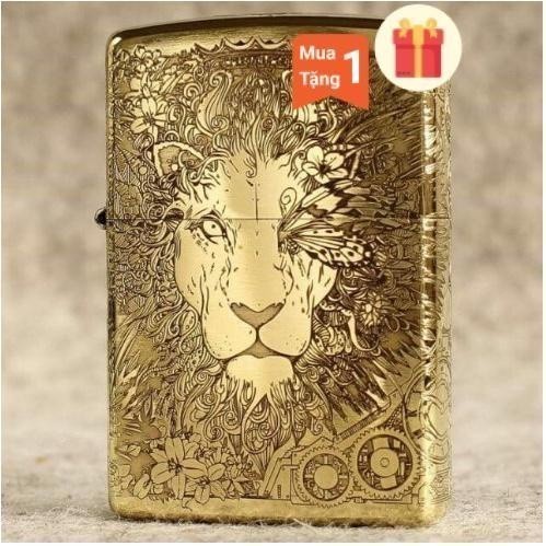 Vỏ ZIPPO ARMOR VỎ DÀY KHẮC ĂN MÒN 5 MẶT SƯ TỬ MẮT HOA- VỎ ĐỒNG CÓ TEM ĐỎ