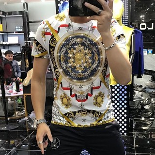 Phong Cách Mới Nam Ngắn Tay Áo Thun Nửa Tay Phong Cách Châu Âu Hợp Thời Trang ins Phiên Bản Hàn Quốc 3d In Hình Mùa Xuân Mùa Hè Băng Lụa Mỏng Quần Áo