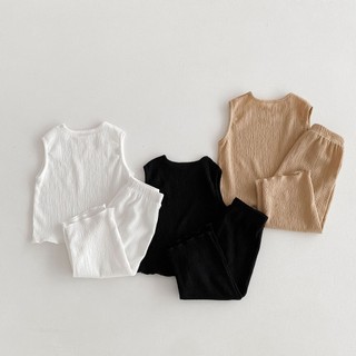 Bé Trai Bé Gái Phiên Bản Hàn Quốc Homewear Phù Hợp Với Nhăn Mát Tay Áo Vest Mỏng Phong Cách Quần Điều Hòa Không Khí Phù Hợp Với ATSV