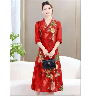 Che Bụng Mẹ Khâu Thời Trang Người Cao Tuổi Trung Niên Cổ Chữ V Đầm Mùa Hè Tay Ba Phần Tư In Hình Cao @ -