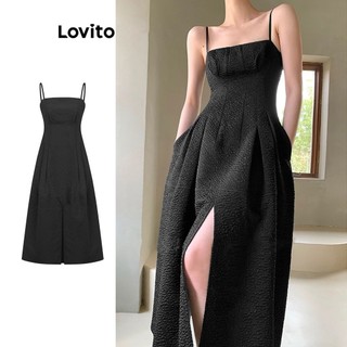 Đầm Lovito ráp vải xẻ trước dệt họa tiết hoa thanh lịch cho nữ L71ED172 (Màu đen)