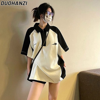 Áo thun nữ DUOHANZI phong cách Mỹ cổ polo dáng rộng dây kéo hàng đầu tay ngắn dài vừa phải