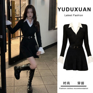 Ôm Hơn Nhìn Mùa Xuân Đen Thiết Kế Mùa Thu Đầm Giả Hai Mảnh Chữ a Eo Nẹp Phong Cách Mới Hot Girl Dài Tay Váy Dài WG7N