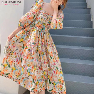 Sugemiusi Pháp Hepburn Phong Cách Cao Cấp Tính Khí Đầm Hoa Retro Sang Trọng Puff Tay Đầm Hoa Nữ Mùa Hè