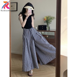 Ruidiandian Retro Và Niche Kẻ Sọc Quần Ống Rộng Váy Nữ Rời Và Thoải Mái Co Giãn Eo Giảm Béo Quần Chín Điểm Quần Thường Ngày.