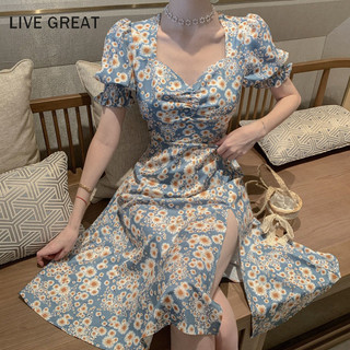 Live GREA Đầm Nữ Tay Phồng Eo Giảm Béo Tranh Dầu Váy Hoa Đi Biển Kỳ Nghỉ Đầm