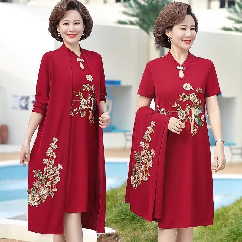 Xi Granny Váy Cưới Mẹ Mùa Xuân Cao Cấp Đầm Nữ Mùa Hè Trung Niên Người Cao Tuổi Sang Trọng Váy Dài Thời Trang Bộ Đồ Hai Mảnh