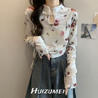 Áo thun nữ HUIZUMEI Áo thun dài tay in nút phong cách Trung Quốc mới dành cho nữ smocked slim-fit short đáy top