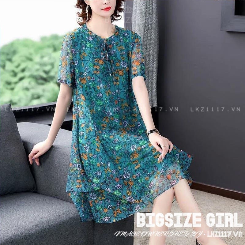 Đầm trung niên Bigsize nữ Váy hoa nhí voan dáng suông tay ngắn cổ tròn mùa hè，Đầm trung niên sang trọng cho mẹ đẹp thời trang Cao Cấp | BigBuy360 - bigbuy360.vn