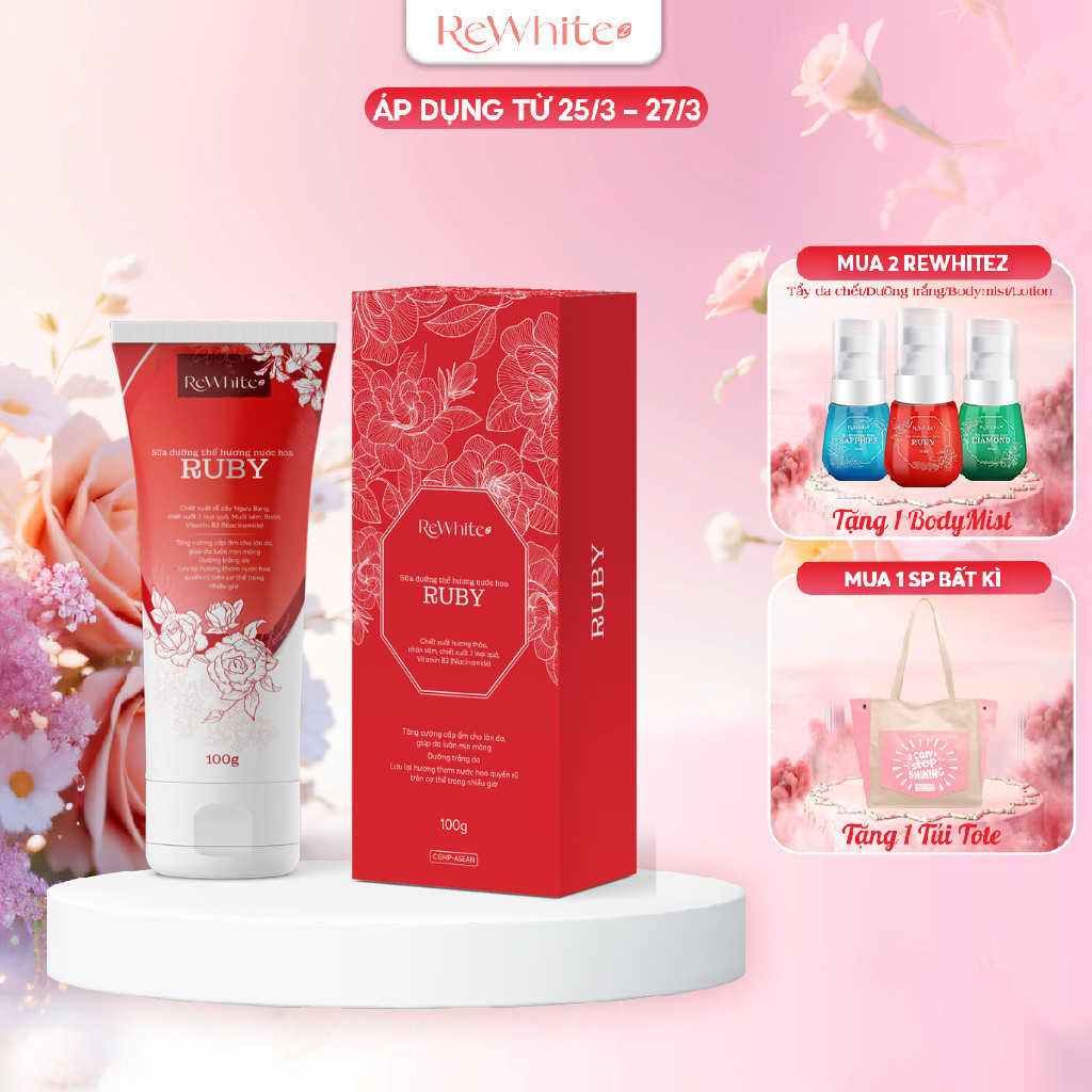 Sữa Dưỡng Thể Cấp Ẩm Sâu Hương Nước Hoa RUBY ReWhitez, Nuôi Dưỡng Da Trắng Sáng, Căng Mịn Màng Tuýp 100g