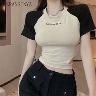 Áo thun nữ ngắn tay SINRANSINYA, áo không eo cắt mùa hè mới, áo phong cách bm