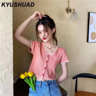 Kyushuad Áo thun phong cách mới dành cho nữ sinh viên, tay ngắn cổ chữ V bằng lụa băng, vừa vặn
