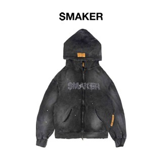 [SMAKER] Áo khoác zip hoodie màu xám 100% cotton ấm áp - $MAKER WEB DOUBLE ZIPS WASHED HOODIE IN GREY
